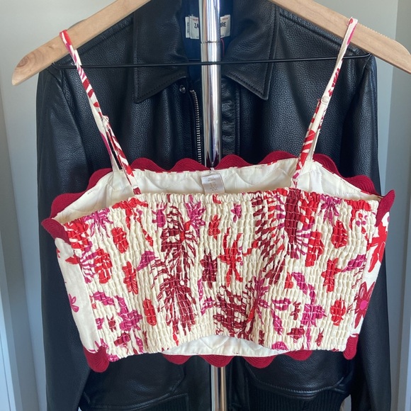 M🔖 CAROLINE CONSTAS Linen Scalloped Two Piece Skirt Set Floral Red Cream Ivory - Picture 5 of 10